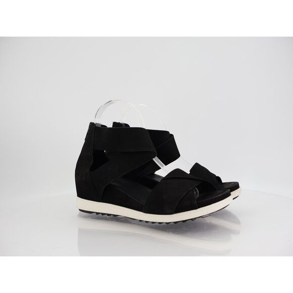 Eileen Fisher Women's Viv Sandal Size 8 Wedge Heel Ankle Strap Black Nubuck - Picture 1 of 9